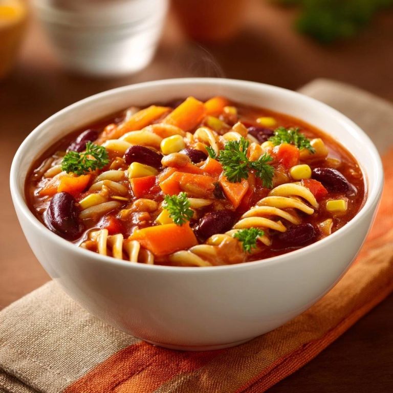 Bunte Fusilli-Bohnen-Suppe als Nahaufnahme mit frischer Petersilie garniert und Dampf aufsteigend.