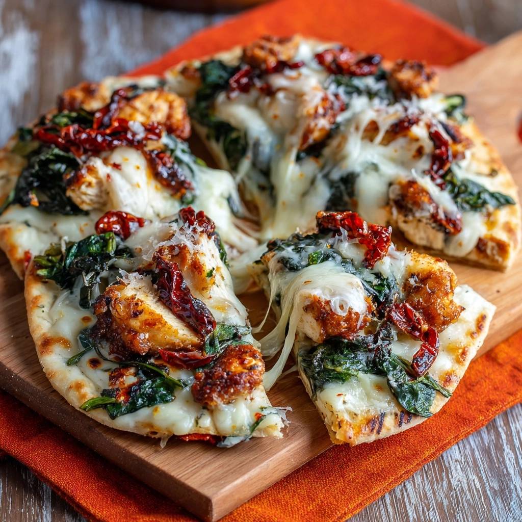 Knusprige Hähnchen-Spinat-Flatbread-Pizza angeschnitten mit geschmolzenem Käse und Rosinen, auf einem Holzbrett serviert.
