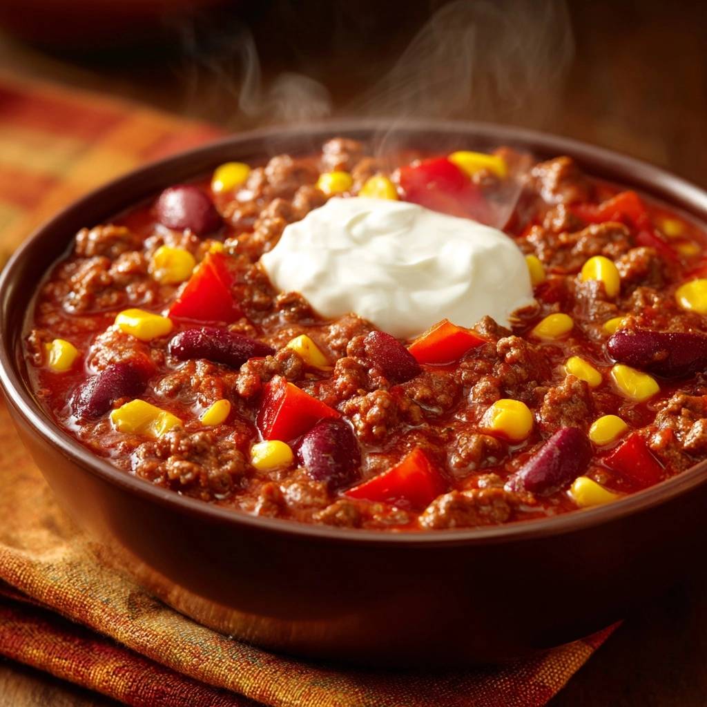 Knuspriges Chili con Carne mit einer großzügigen Portion saurer Sahne als Topping in einer braunen Schüssel