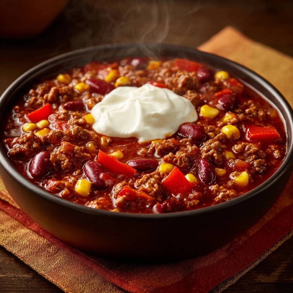 Chili con Carne mit Frischkäse-Topping, mit Bohnen, Mais und Paprika, dampfend heiß serviert