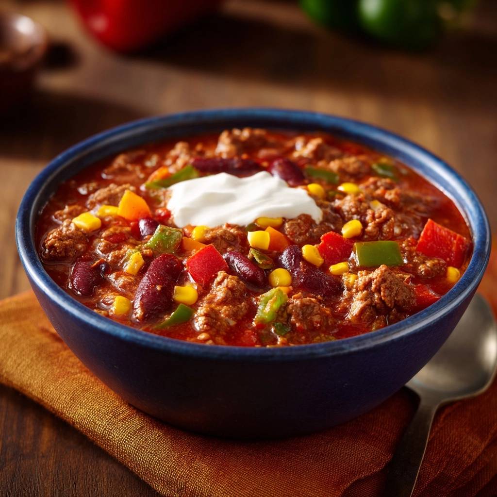 Perfektes Chili con Carne als Nahaufnahme mit cremiger Topping-Garnitur in einer blauen Schüssel serviert.