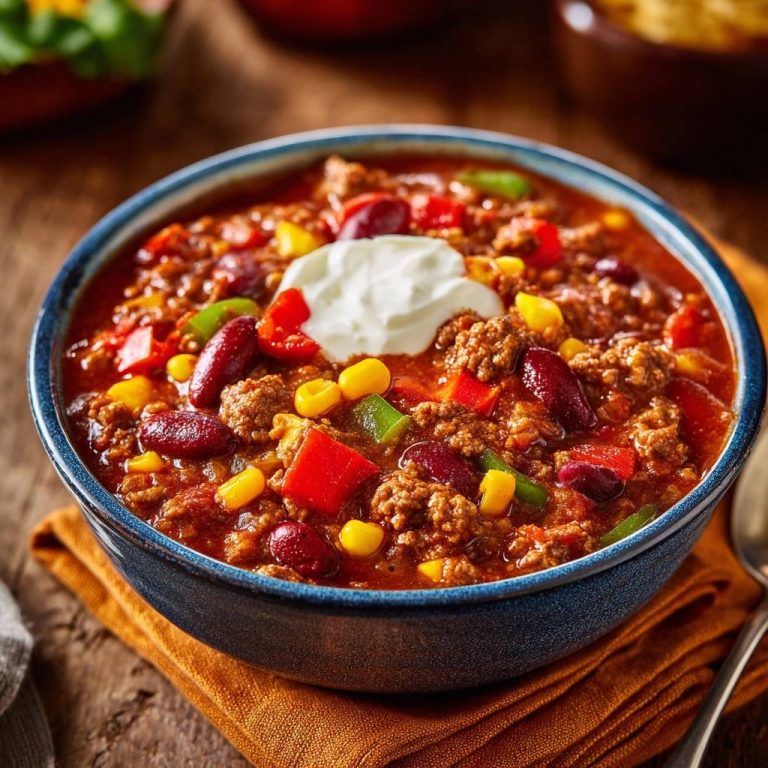 Perfektes Chili con Carne als Nahaufnahme mit einem Klecks saurer Sahne als Garnitur in einer blauen Schüssel.