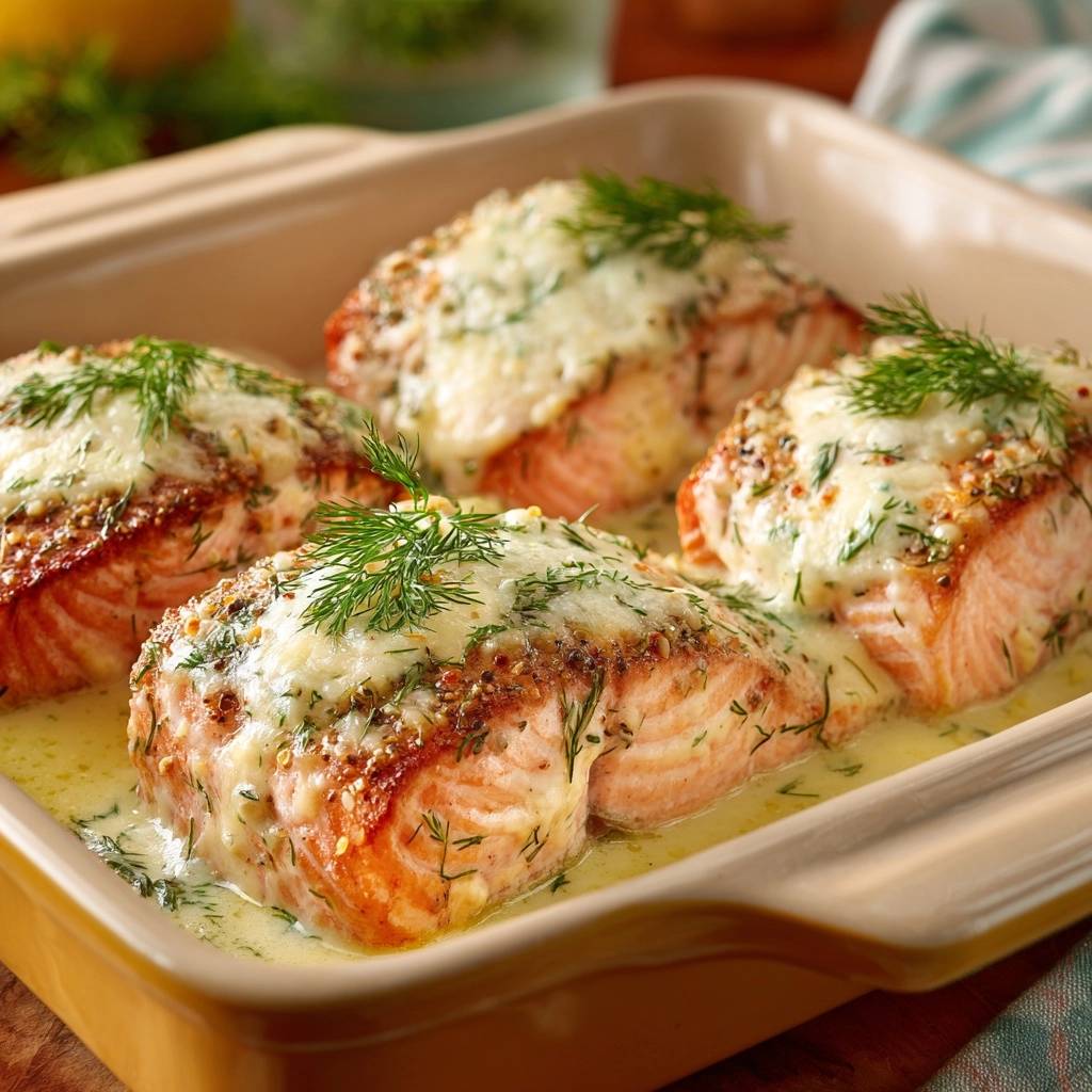Cremiger Dill-Lachs aus dem Ofen, nahaufnahme der saftigen Fischfilets mit Käsekruste und Dill in einer Auflaufform.
