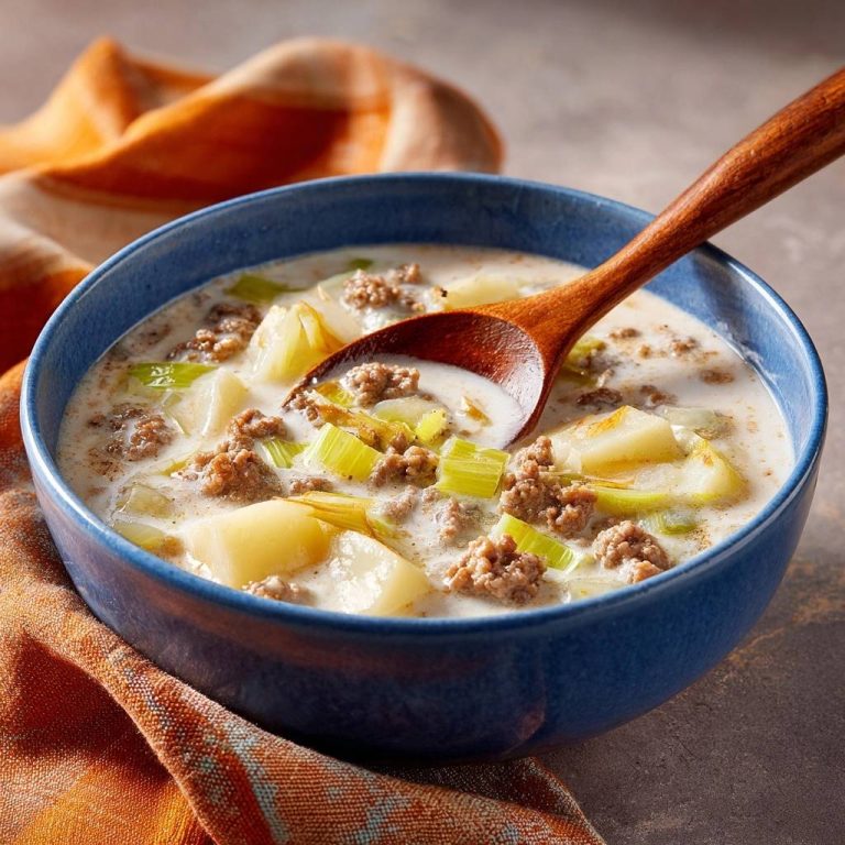 Cremige Kartoffel-Lauch-Suppe mit Hackfleisch, serviert in einer blauen Schüssel mit einem Holzlöffel, nahaufnahme der Zutaten