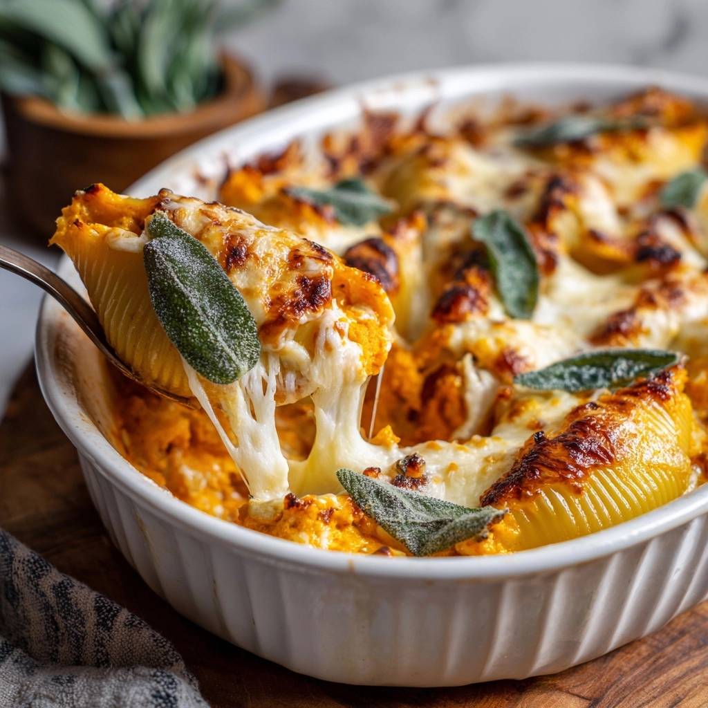 Cremiger Kürbis-Conchiglie-Auflauf mit Salbei, eine Portion mit geschmolzenem Käse wird herausgenommen.