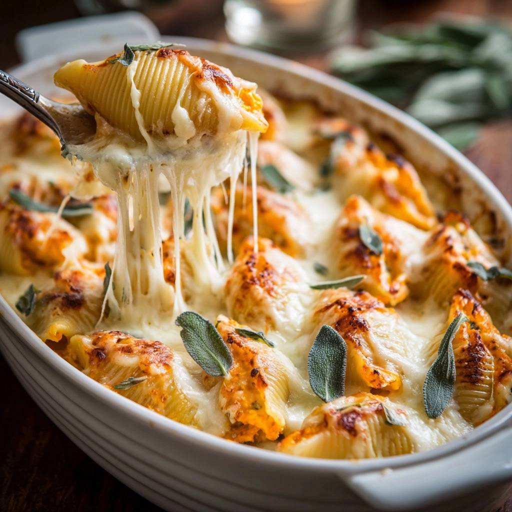 Cremiger Kürbis-Conchiglie-Auflauf mit Salbei, eine Muschel gefüllt mit Käse wird herausgehoben