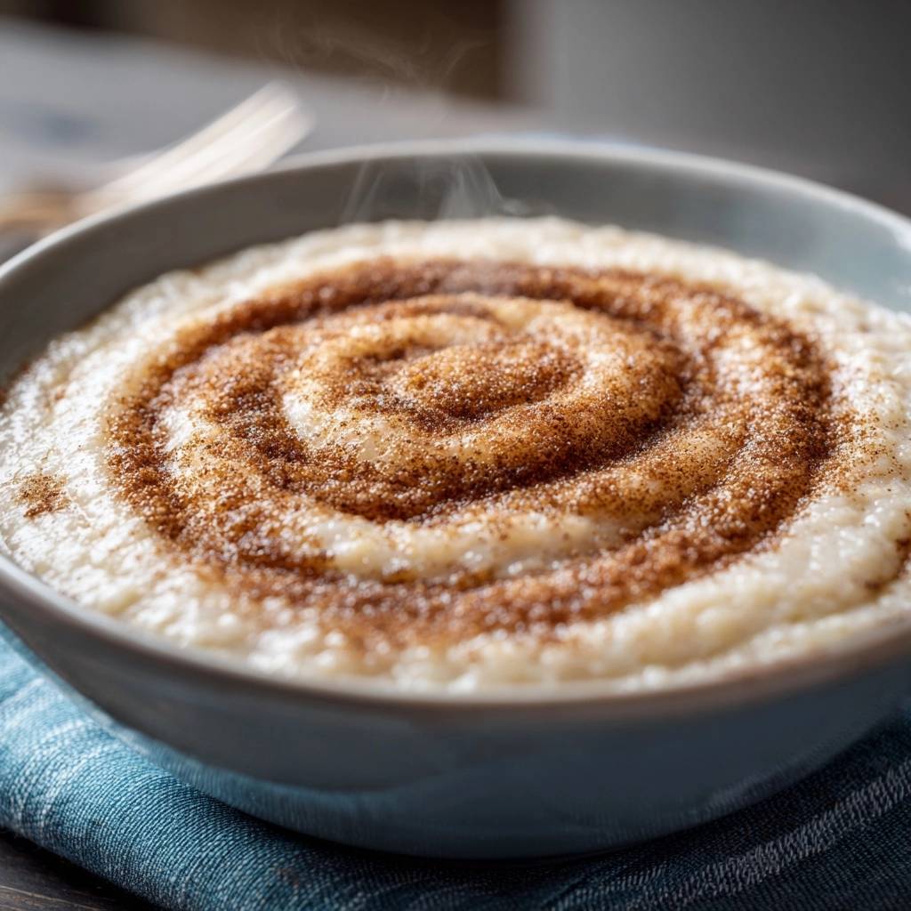 Cremiger Milchreis mit Zimt-Spirale, Nahaufnahme des warmen Desserts mit dampfender Zimtdekorationsspirale.
