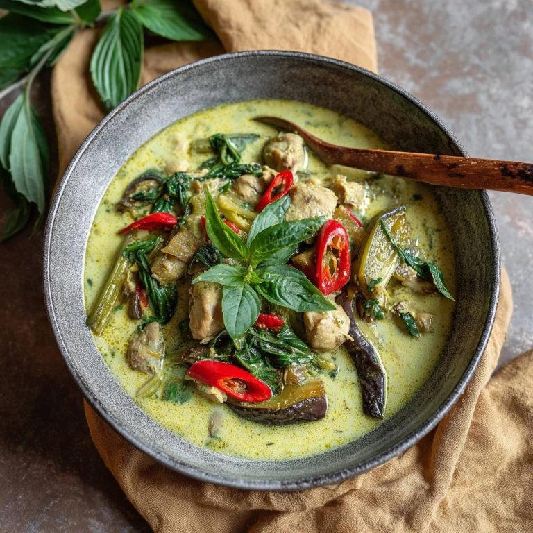 Cremiges Thai Green Curry mit frischen Kräutern und Chilis, detailreich garniert in einer Schüssel mit Löffel