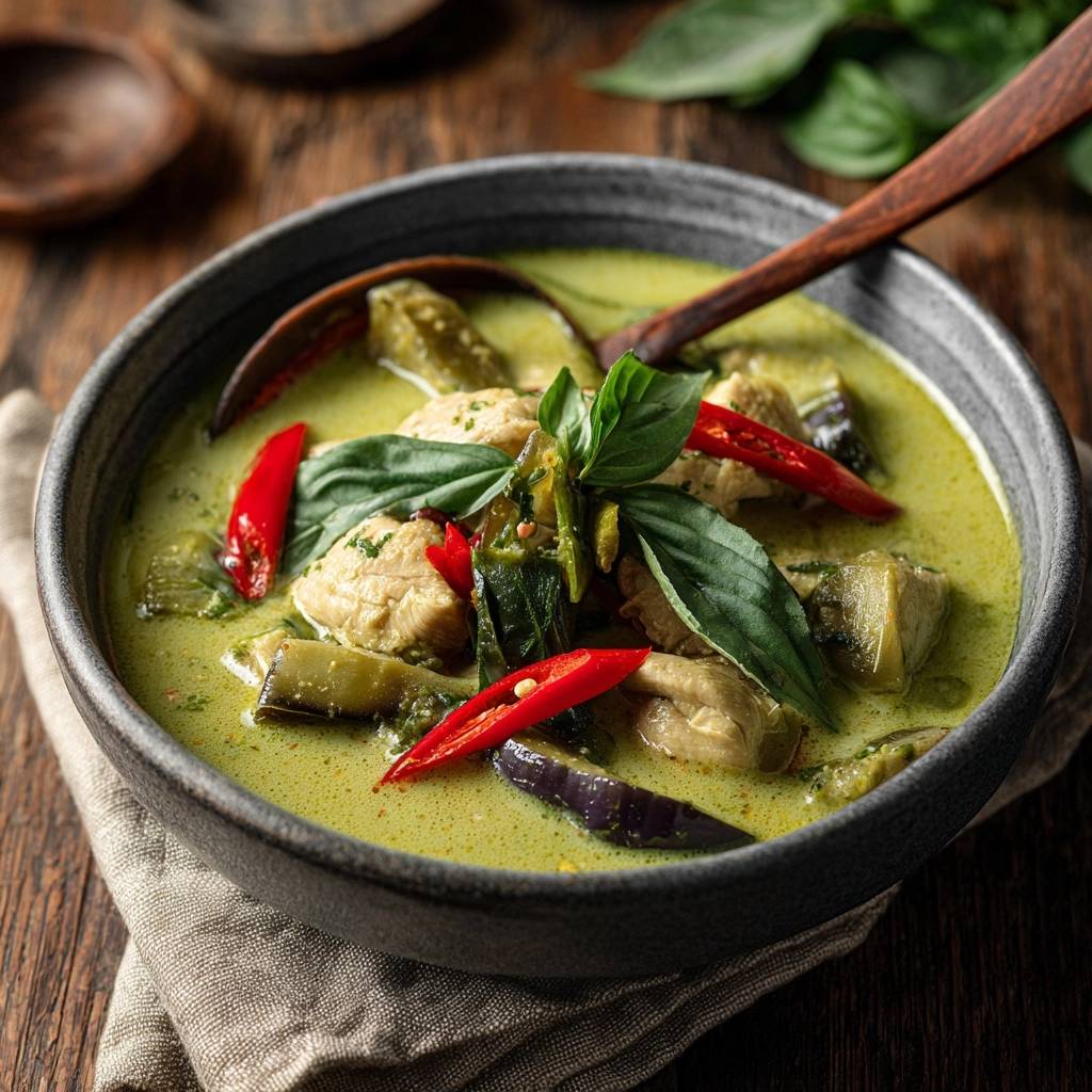 Cremiges Thai Green Curry mit Hühnchen, Auberginen und Chili in einer Schüssel, Nahaufnahme