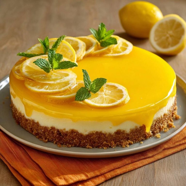 Cremiger Zitronen-Cheesecake mit Zitronenscheiben und Minze garniert auf einem grauen Teller