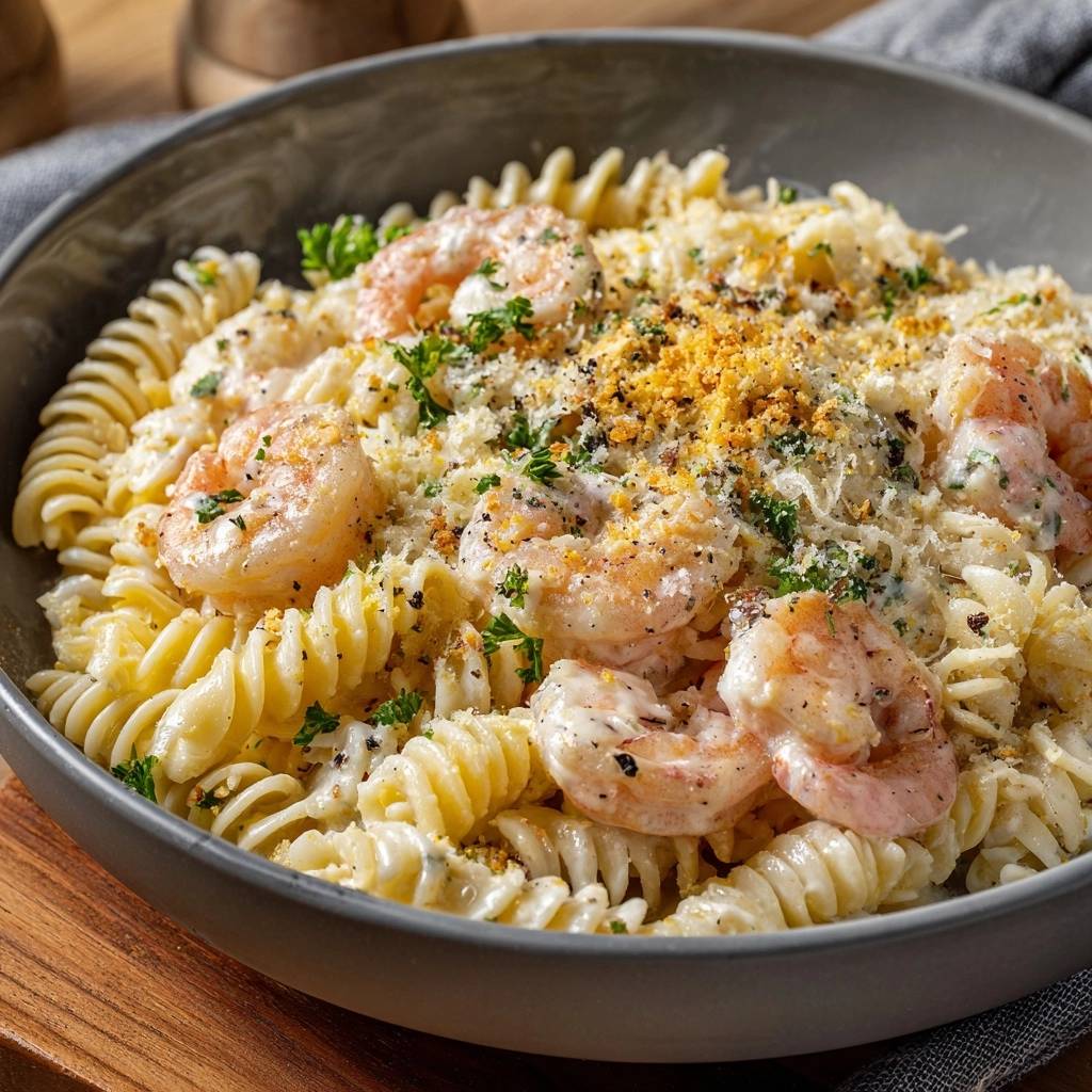 Cremige Fusilli mit Garnelen, eine Nahaufnahme des Nudelgerichts mit saftigen Garnelen und Kräutern bestreut.
