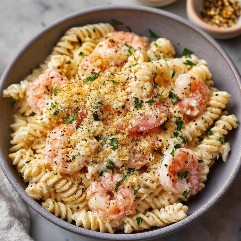 Cremige Fusilli mit Garnelen, eine Nahaufnahme des cremigen Nudelgerichts mit saftigen Garnelen und Petersilie garniert.