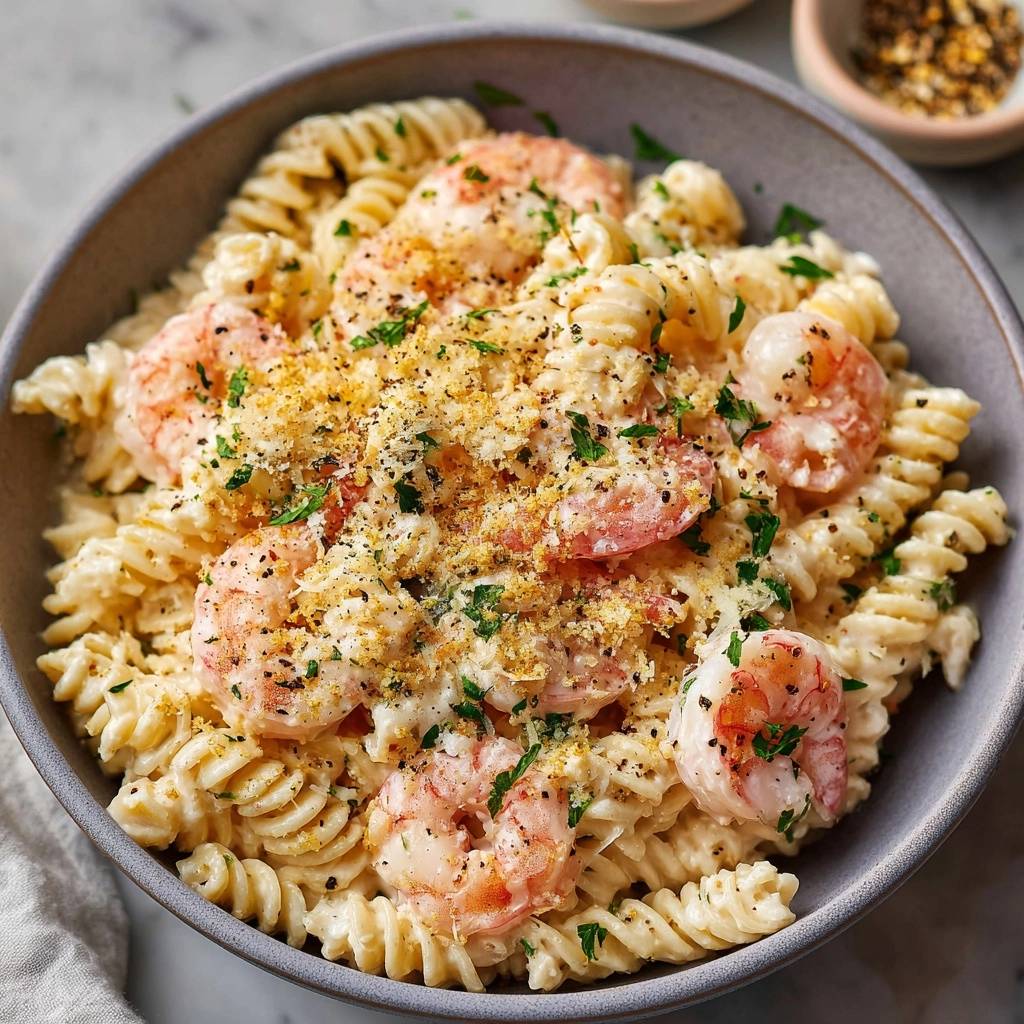 Cremige Fusilli mit Garnelen, eine Nahaufnahme des cremigen Nudelgerichts mit saftigen Garnelen und Petersilie garniert.