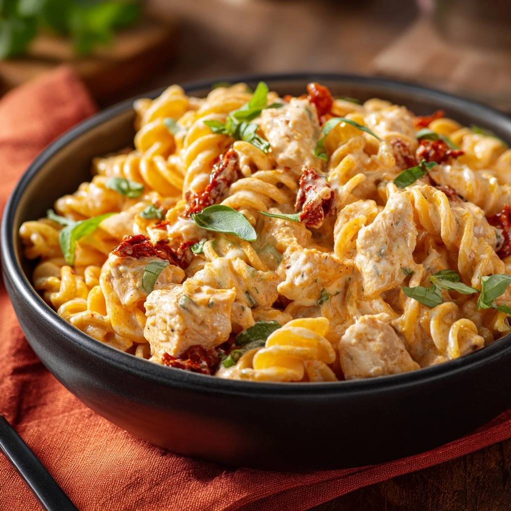 Cremige Fusilli mit Hähnchen und getrockneten Tomaten, serviert in einer schwarzen Schüssel, Nahaufnahme der Textur.
