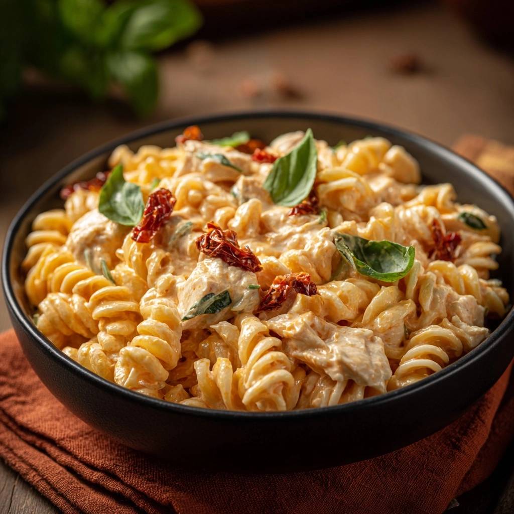 Cremige Fusilli mit Hähnchen und getrockneten Tomaten, eine Nahaufnahme der cremigen Sauce und Basilikumgarnitur.
