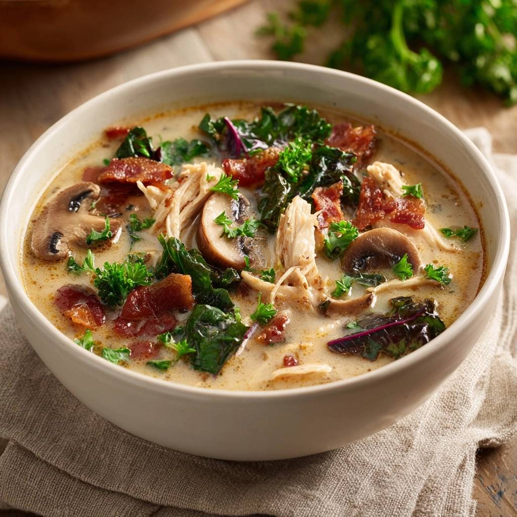 Cremige Hähnchen-Pilz-Suppe mit Grünkohl, serviert in einer weißen Schüssel mit frischer Petersilie und knusprigem Speck garniert.