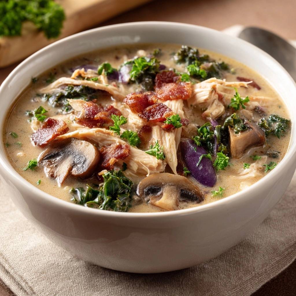 Cremige Hähnchen-Pilz-Suppe mit Grünkohl, nah aufgenommen und mit Speck und Petersilie garniert.