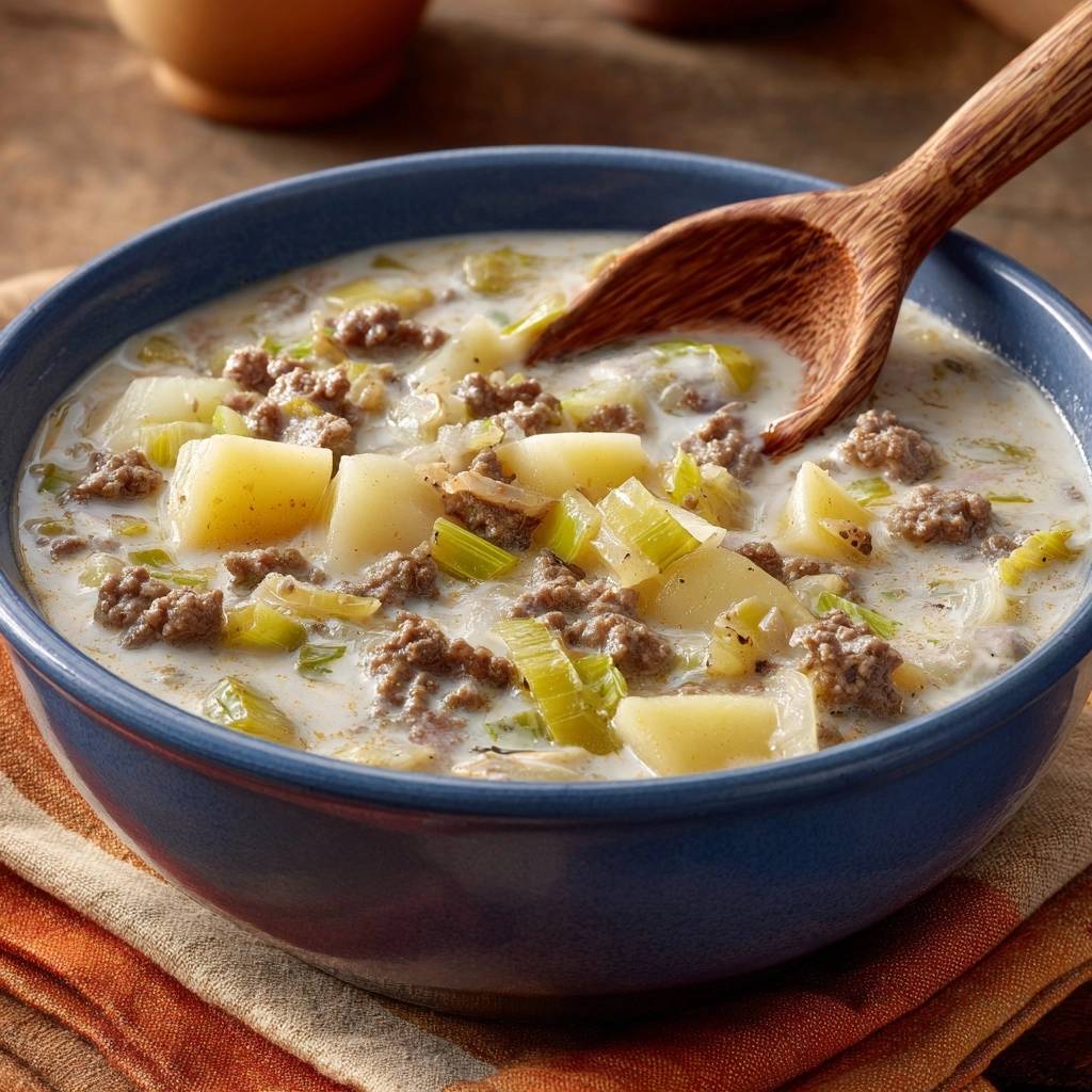 Cremige Kartoffel-Lauch-Suppe mit Hackfleisch, serviert in einer blauen Schüssel mit einem Holzlöffel, nahaufnahme