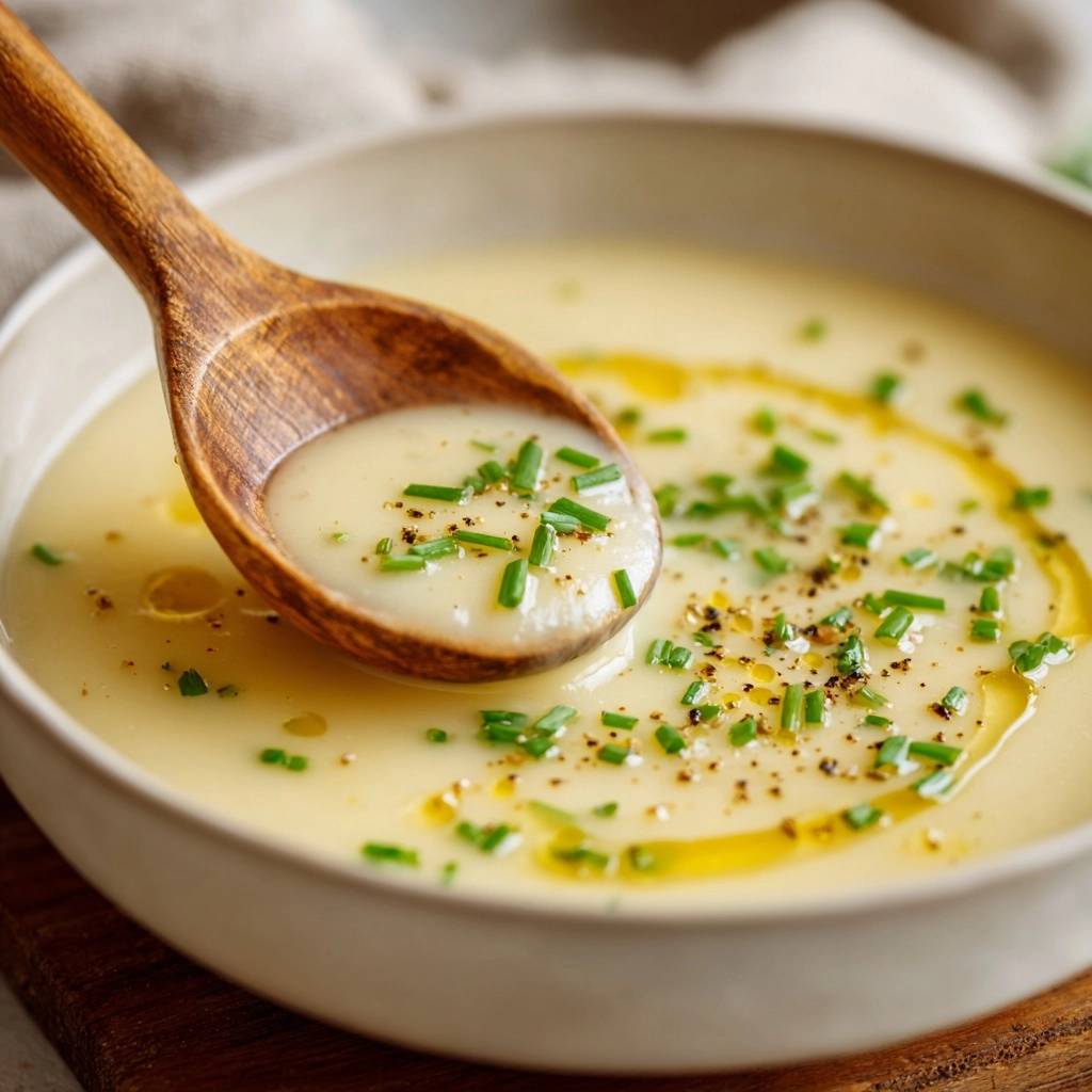 Cremige Kartoffelsuppe mit einem Holzlöffel, der eine Portion mit Schnittlauch und Pfeffer garniert.