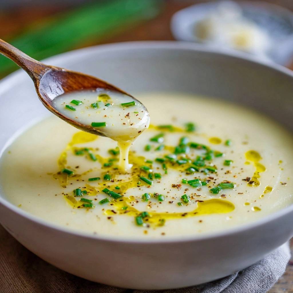 Cremige Kartoffelsuppe mit Schnittlauch und Öl, detailnah auf einem Holzlöffel serviert