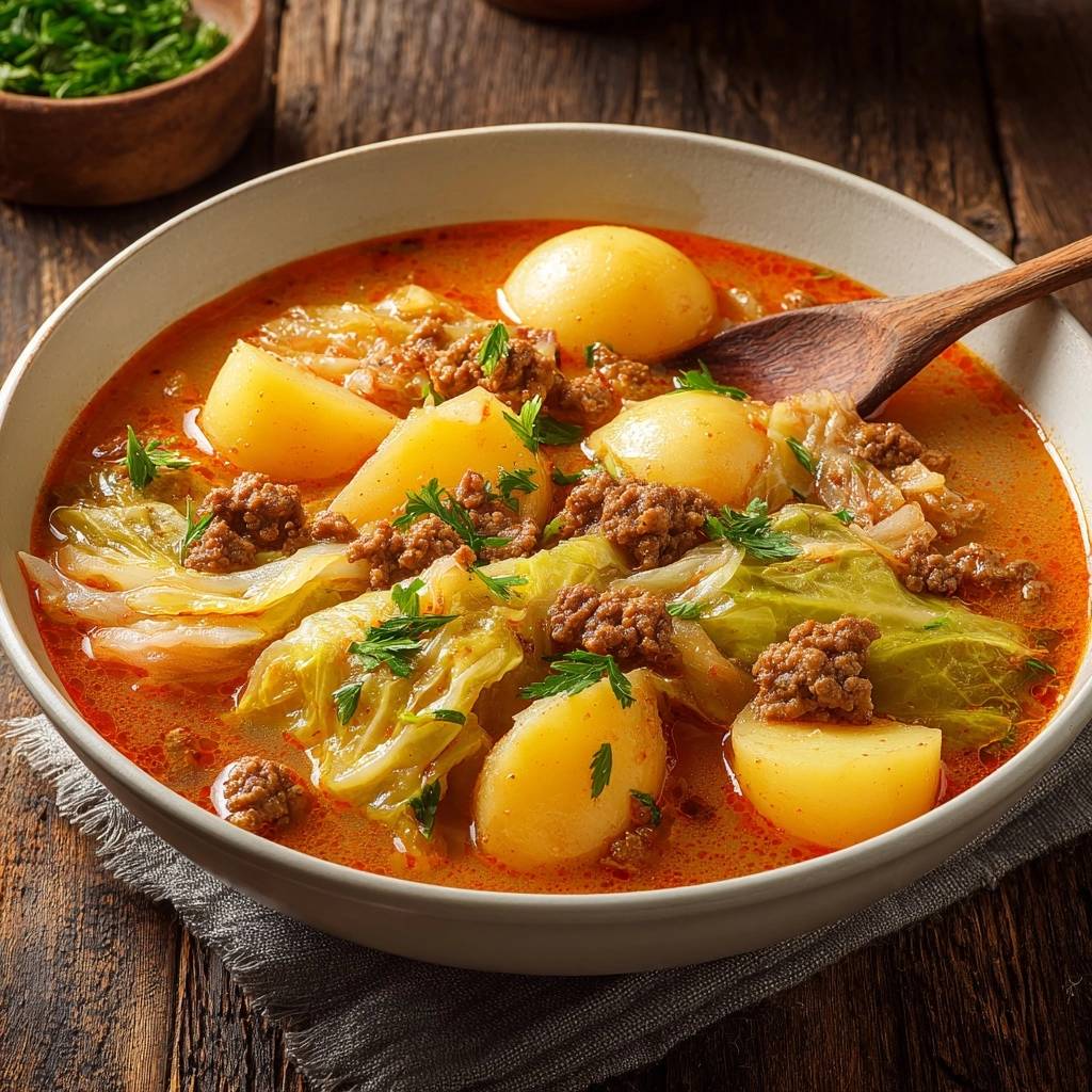 Cremige Kraut-Hack-Suppe mit Kartoffeln, nahaufnahme mit einem Holzlöffel, der in die herzhafte Mahlzeit eintaucht.