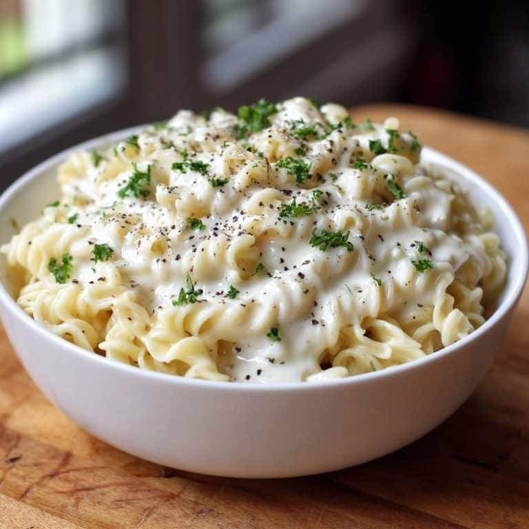Cremige Pasta Alfredo mit Käsesoße, garniert mit frischer Petersilie und schwarzem Pfeffer in einer weißen Schüssel.
