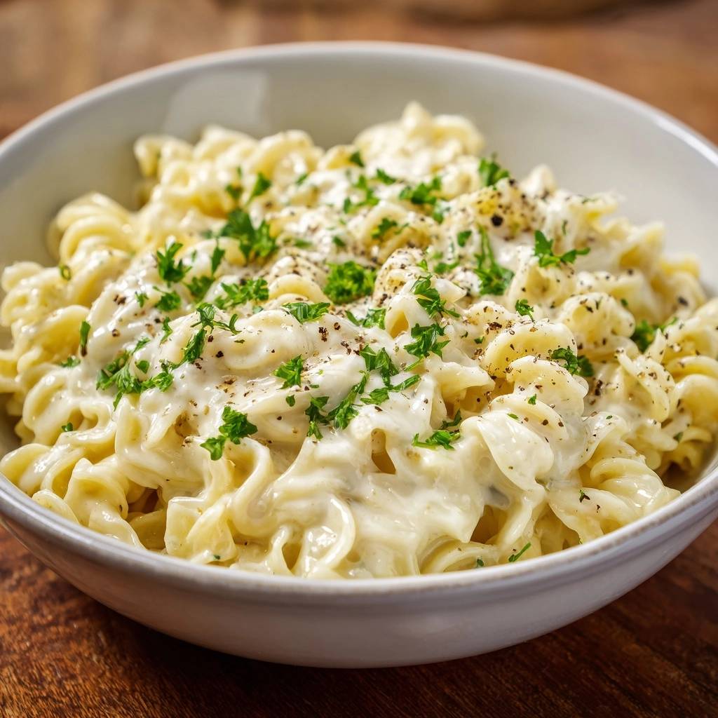 Cremige Pasta Alfredo mit Käsesoße und frischer Petersilie, nah aufgenommen und garniert.