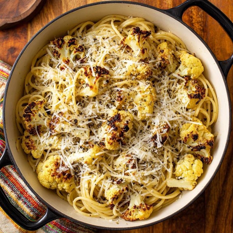 Cremige Pasta mit geröstetem Blumenkohl als Draufsicht in einem Topf, garniert mit geriebenem Käse.