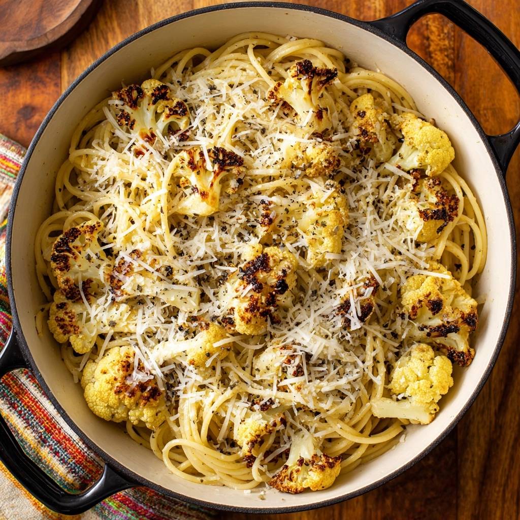 Cremige Pasta mit geröstetem Blumenkohl als Draufsicht in einem Topf, garniert mit geriebenem Käse.