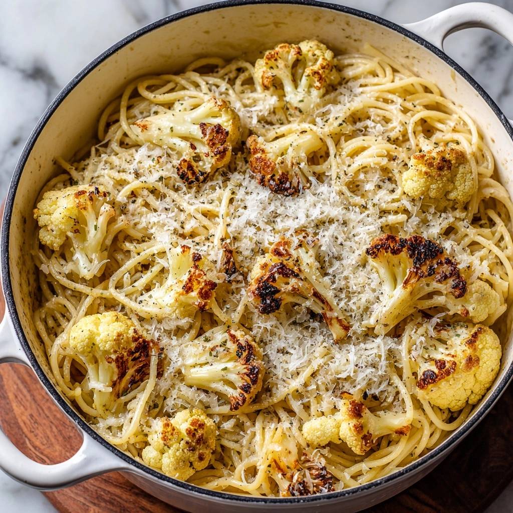 Cremige Pasta mit geröstetem Blumenkohl in einem Topf von oben mit geriebenem Käse garniert.
