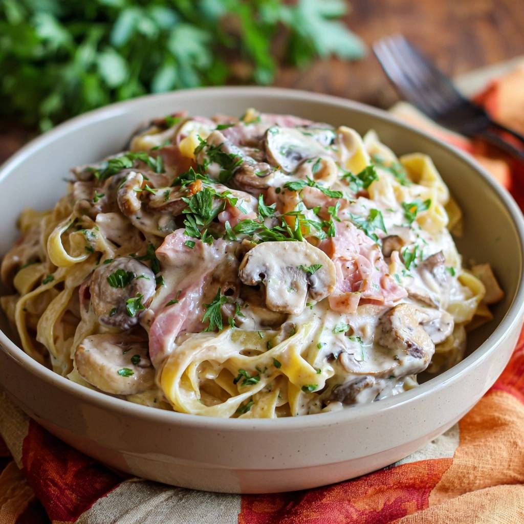 Cremige Pilz-Speck-Tagliatelle in einer Schüssel, garniert mit frischer Petersilie und serviert mit einer Gabel.