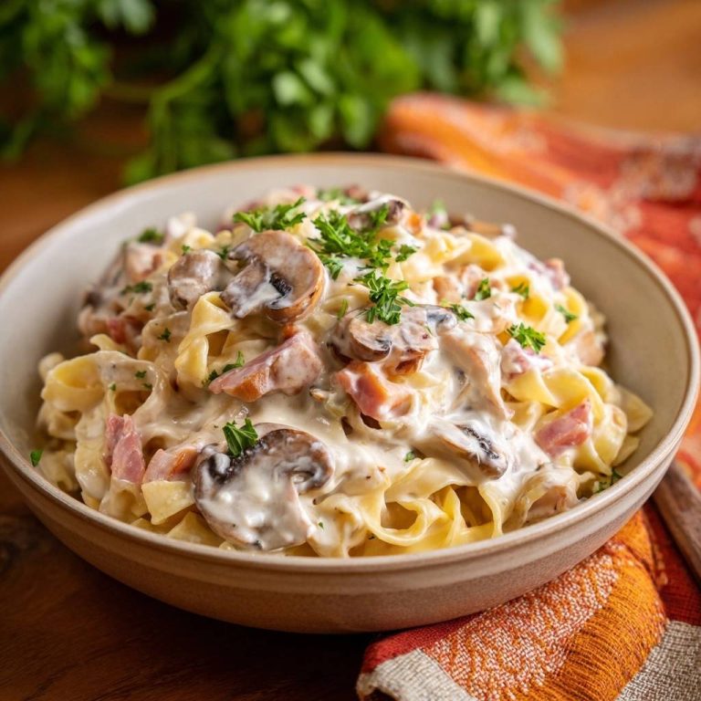 Cremige Pilz-Speck-Tagliatelle als Nahaufnahme mit frischer Petersilie garniert, auf einem rustikalen Holztisch serviert.