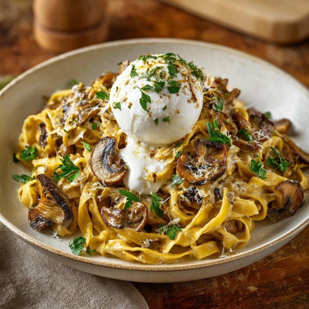 Cremige Pilz-Tagliatelle mit Burrata, serviert auf einem Teller mit frischen Pilzen und Kräutern garniert.