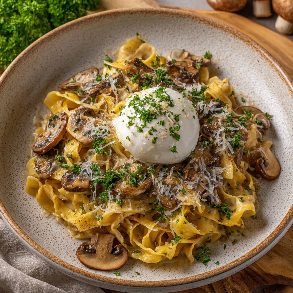 Cremige Pilz-Tagliatelle mit Burrata, eine Nahaufnahme der cremigen Pasta mit Pilzen und geschmolzener Burrata-Kugel.