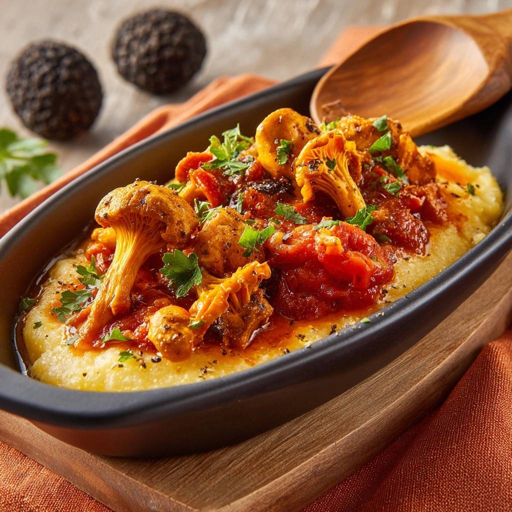 Cremige Polenta mit Röst-Pfifferlingen & Trüffel-Sugo, Nahaufnahme des Gerichts mit Fokus auf die Pilze und das Sugo.
