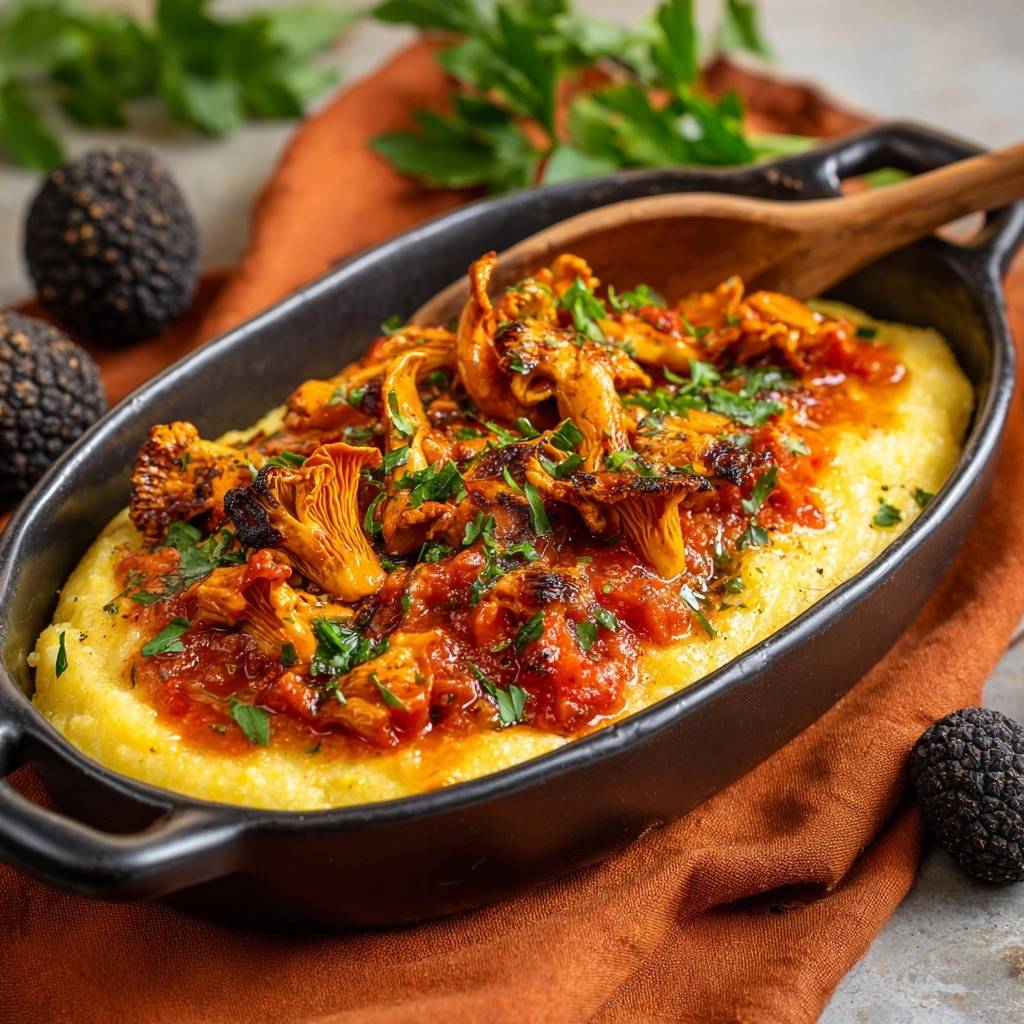 Cremige Polenta mit Röst-Pfifferlingen & Trüffel-Sugo, Nahaufnahme des Gerichts mit gebratenen Pilzen und Sauce in einer schwarzen Schale.