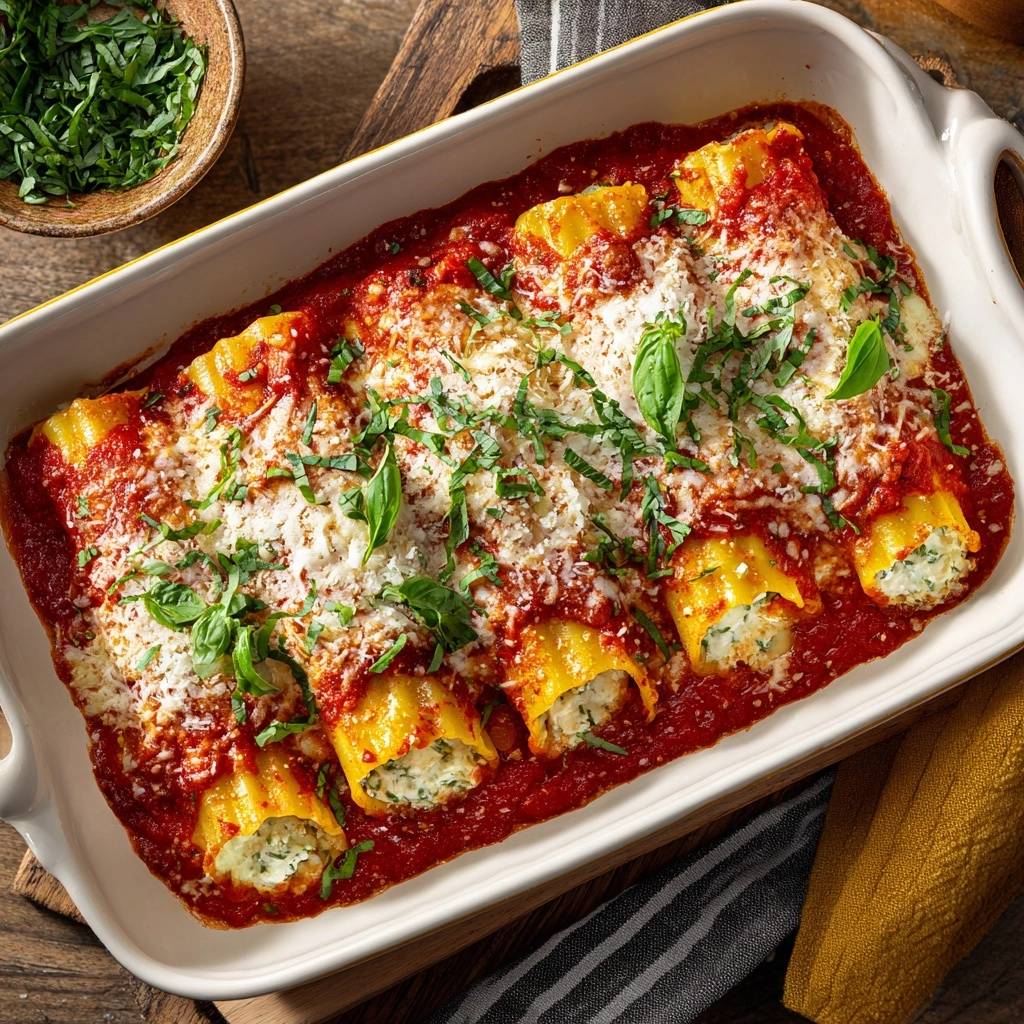 Cremige Ricotta-Cannelloni in Tomatensoße, mit geriebenem Käse und frischen Basilikumblättern garniert, von oben fotografiert.