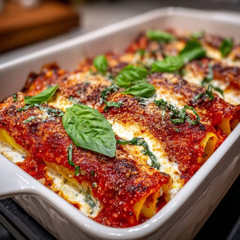 Cremige Ricotta-Cannelloni al dente, frisch aus dem Ofen, garniert mit Basilikum und geschmolzenem Käse.