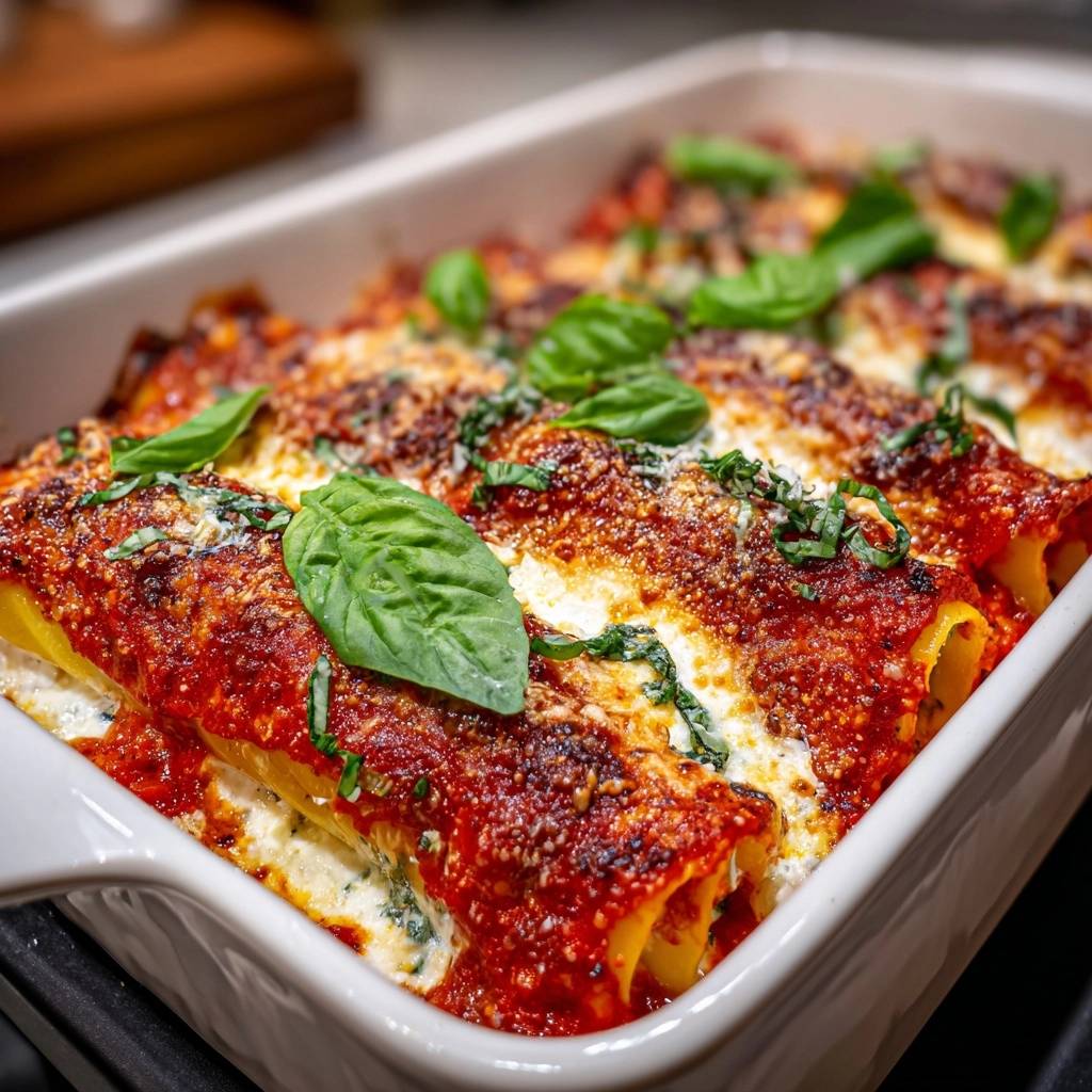 Cremige Ricotta-Cannelloni al dente, frisch aus dem Ofen, garniert mit Basilikum und geschmolzenem Käse.