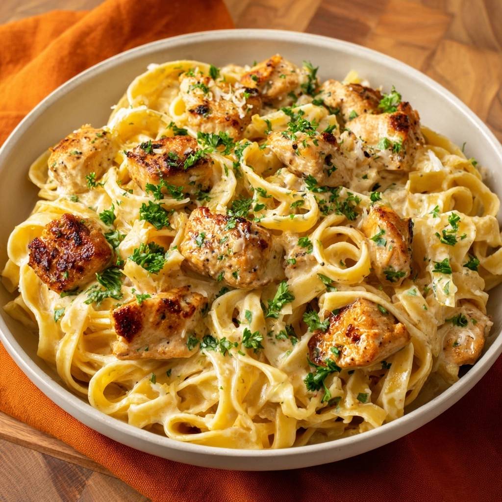 Cremige Tagliatelle mit Goldbraunem Hähnchen als Nahaufnahme mit frischer Petersilie garniert