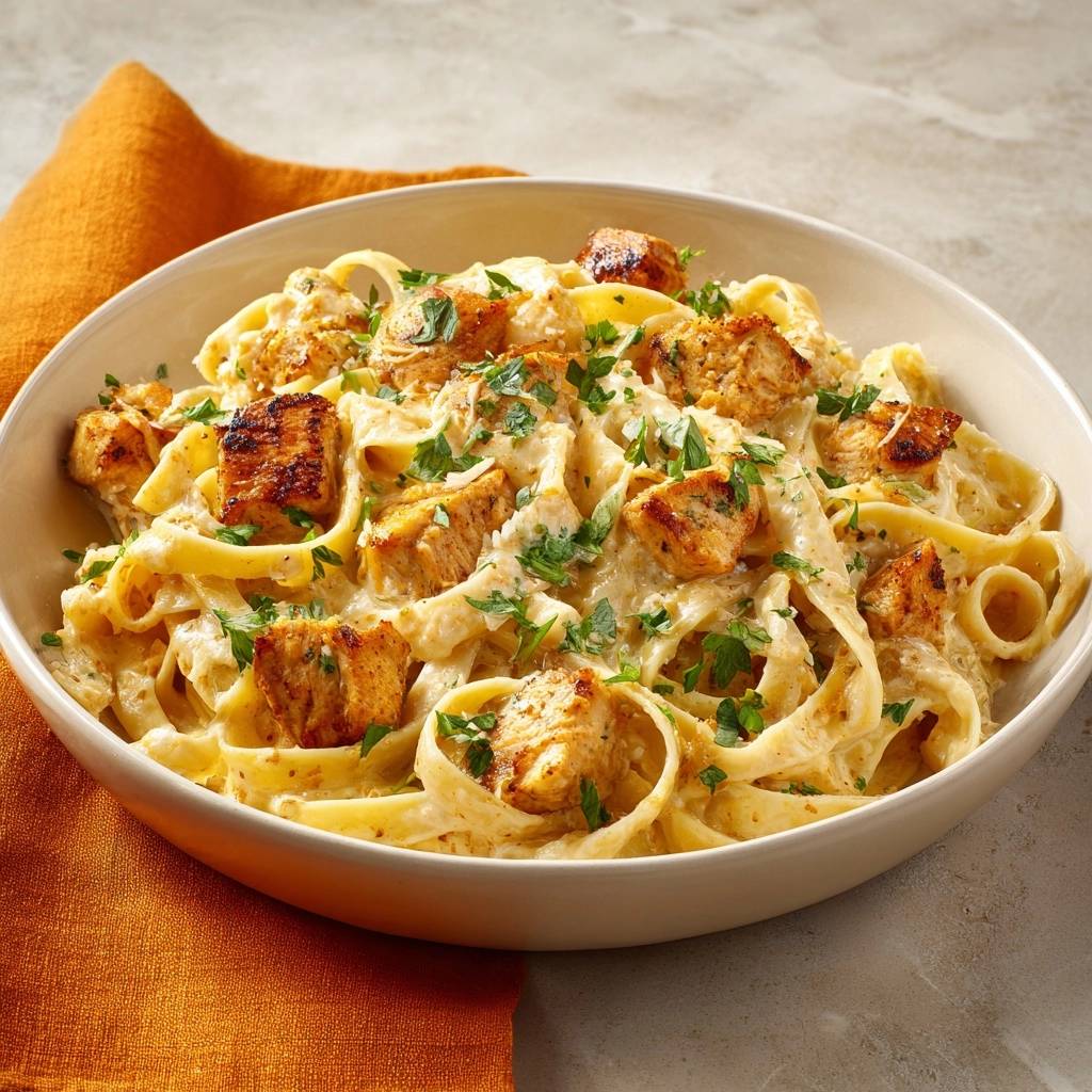 Cremige Tagliatelle mit Goldbraunem Hähnchen, serviert in einer Schüssel mit Petersilie garniert, Nahaufnahme.