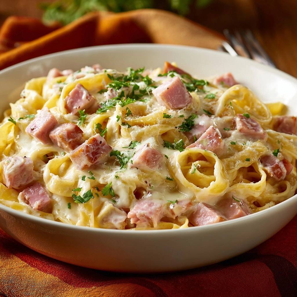 Cremige Tagliatelle mit Schinken, garniert mit frischer Petersilie und Käse, nahaufnahme.