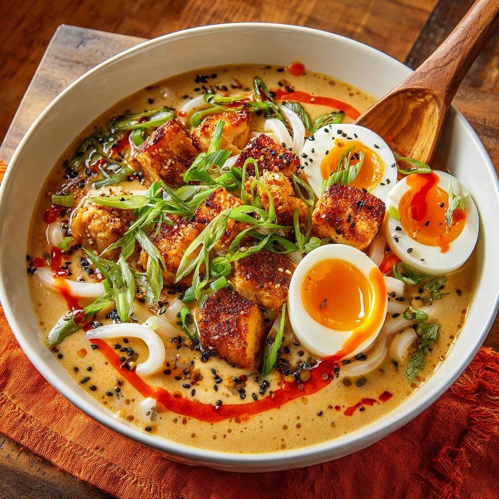 Cremige Tofu Ramen Bowl, serviert mit halbierten Eiern und frisch geschnittenem Frühlingszwiebelgarnitur.