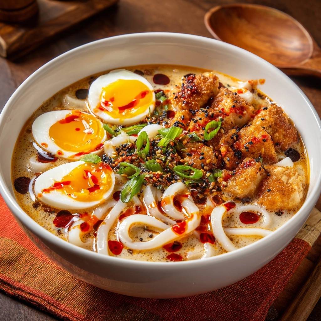 Cremige Tofu Ramen Bowl mit perfekt gekochten Eiern und garniert mit Frühlingszwiebeln und Sesam.