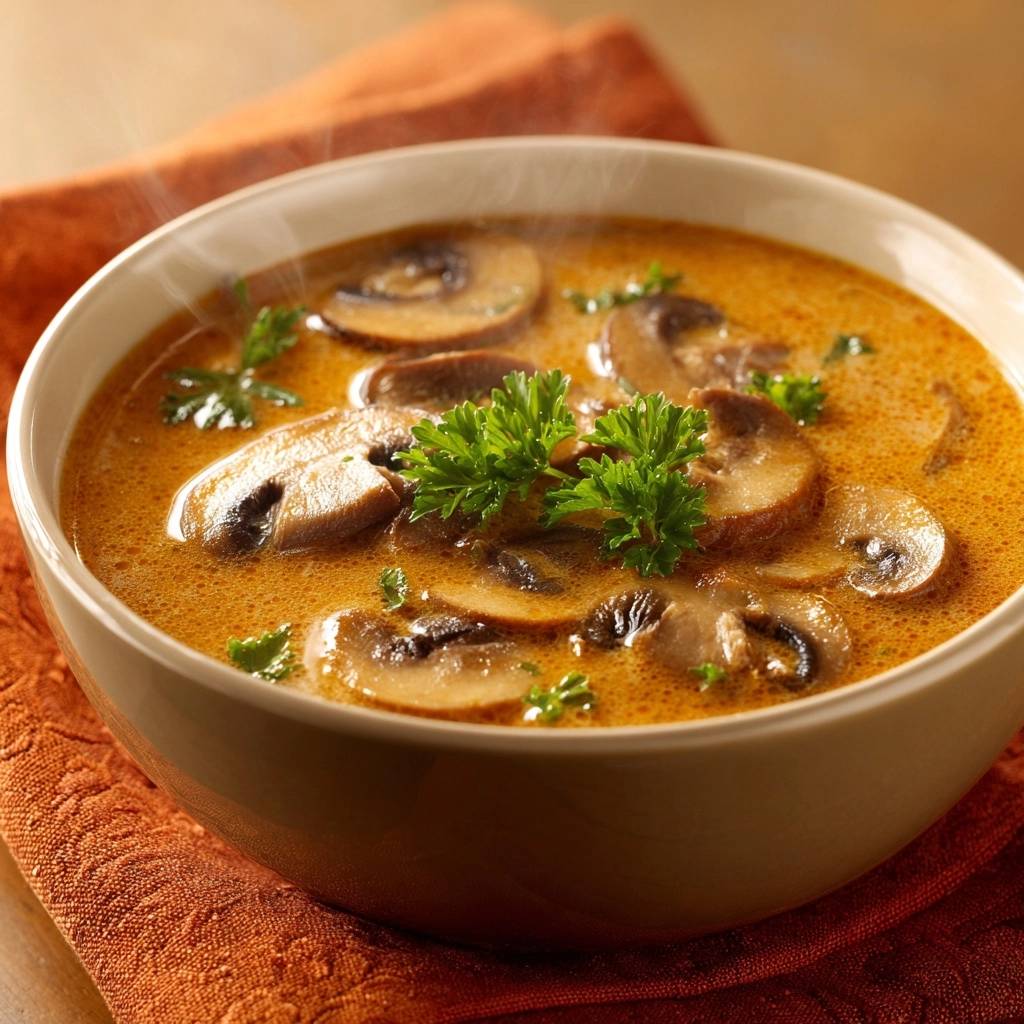 Cremige Waldpilzsuppe mit frischen Pilzscheiben und Petersilie, dampfend und garniert in einer Schüssel
