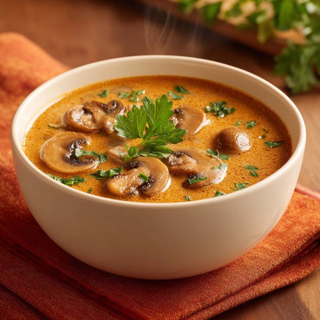 Cremige Waldpilzsuppe mit frischen Pilzscheiben und Petersilie garniert, dampfend serviert in einer Schüssel.
