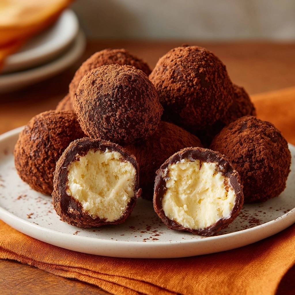 Cremige weiße Ganache-Trüffel in dunkler Schokolade, angeschnitten, um die weiche, cremige Füllung zu zeigen.