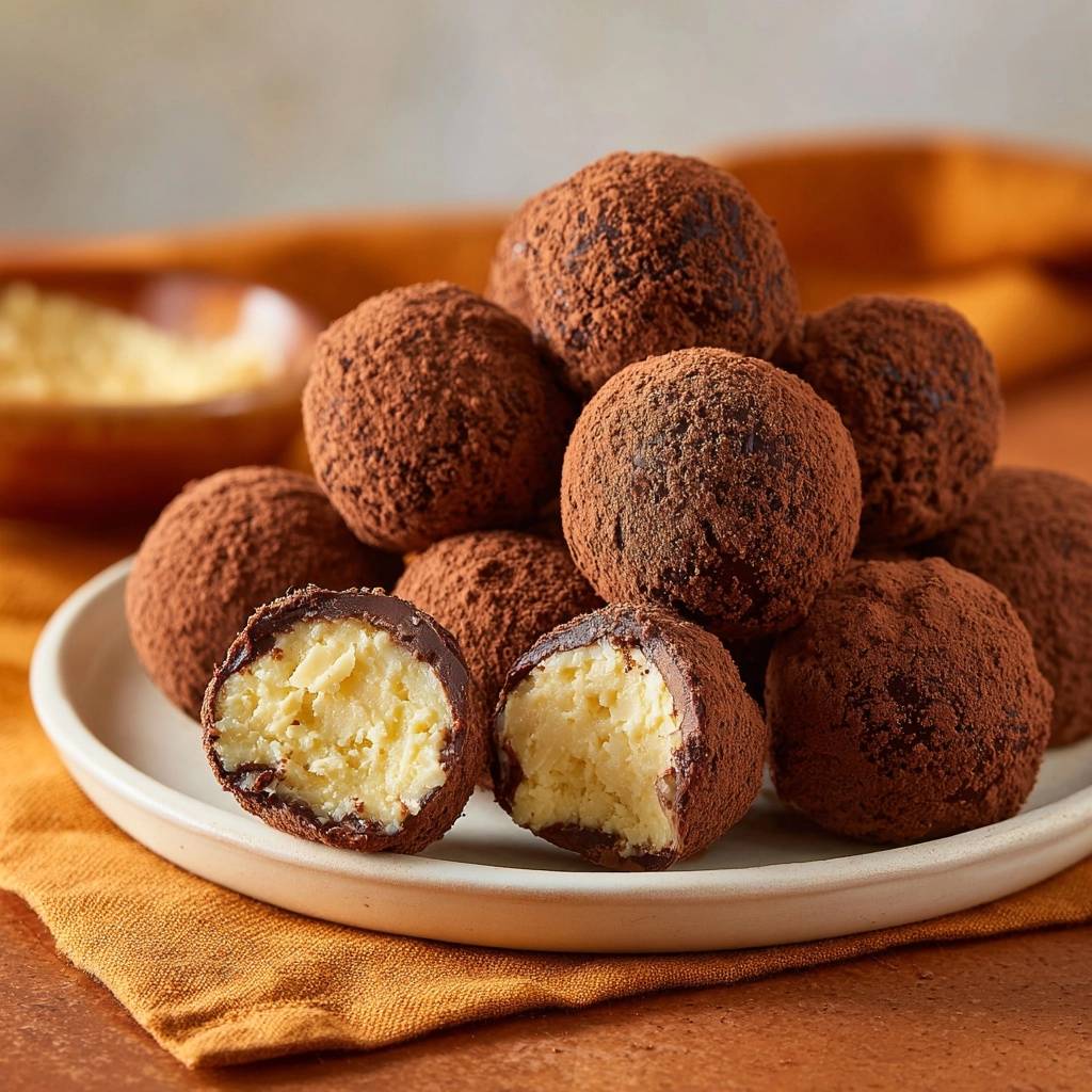 Cremige weiße Ganache-Trüffel in dunkler Schokolade angeschnitten, die cremige helle Füllung ist sichtbar.