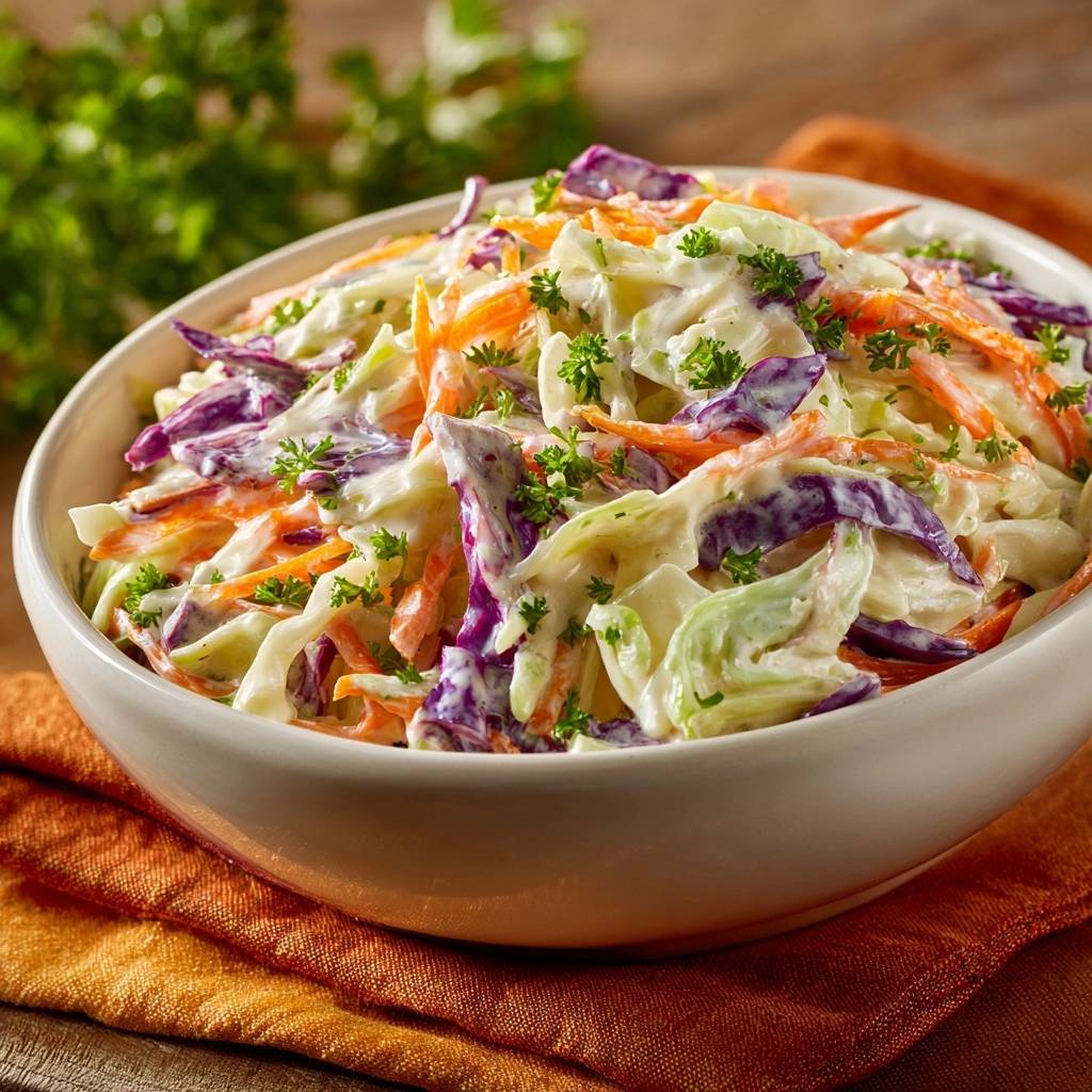Cremiger Coleslaw in einer weißen Schüssel, garniert mit frischer Petersilie und Karottenstreifen.