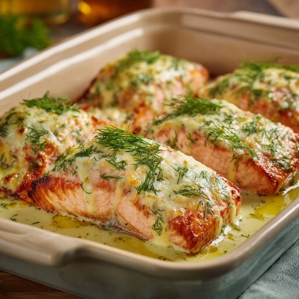 Cremiger Dill-Lachs aus dem Ofen mit geschmolzenem Käse und Dill garniert, nahaufnahme im Ofenblech.